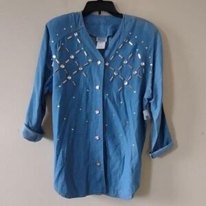 Western Bling Chambray Shirt Rhinestones Jeweled Bling Vneck Susan Christopher